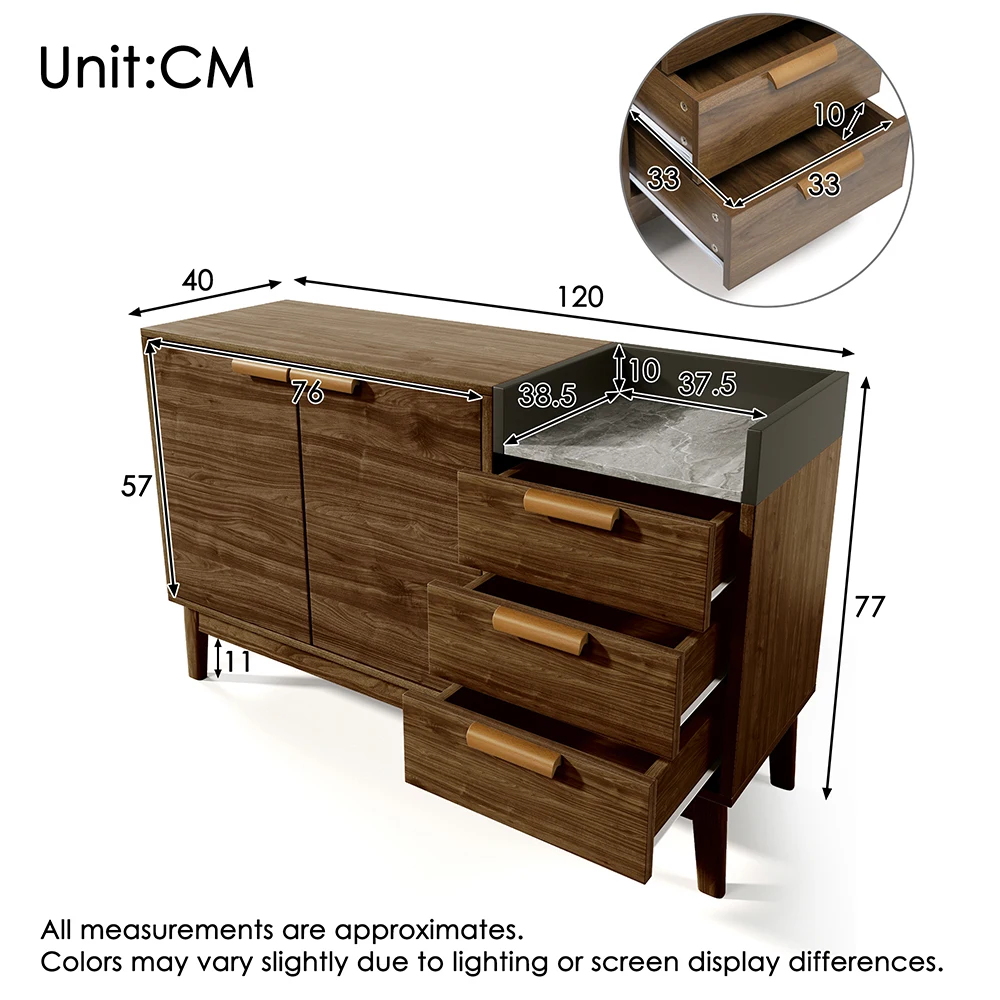 KOMHTOM Wohnzimmer Kommode in Eiche Dekor mit Marmor-Optik Platte - 3 Schubladen & Doppeltürschrank - Massivholzbeine – Detail 9