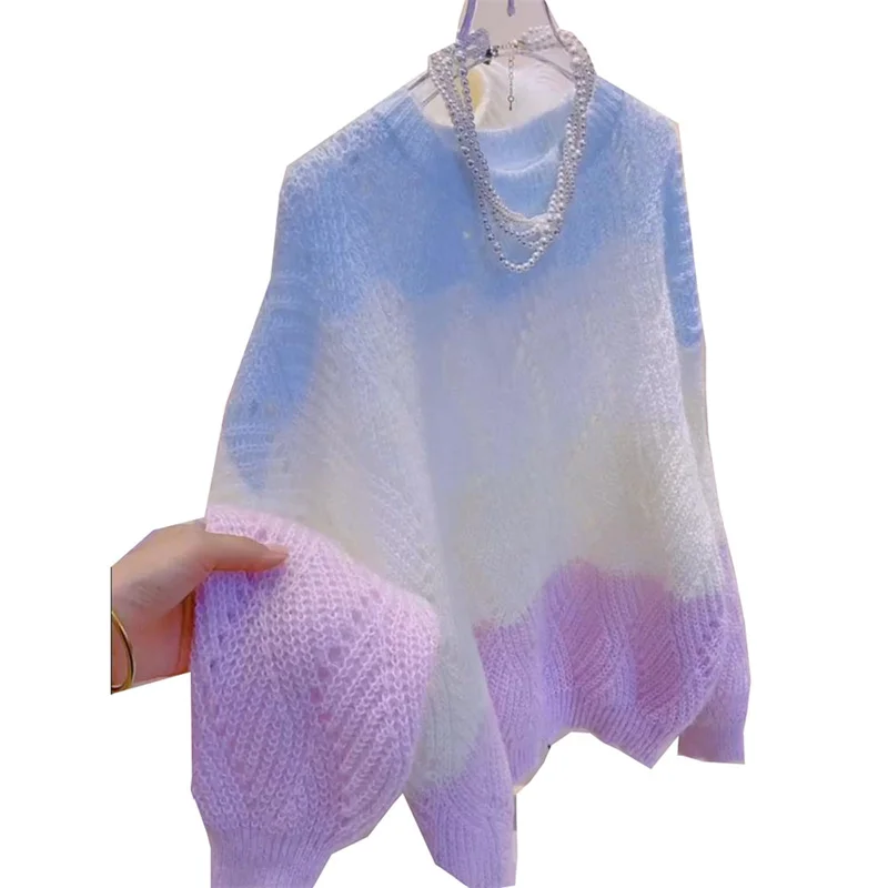 Lazy Style Colorful Hollow Knit Top For Women's Spring Autumn New Sweet Color Blocking Round Neck Long Sleeved Pullover Sweater