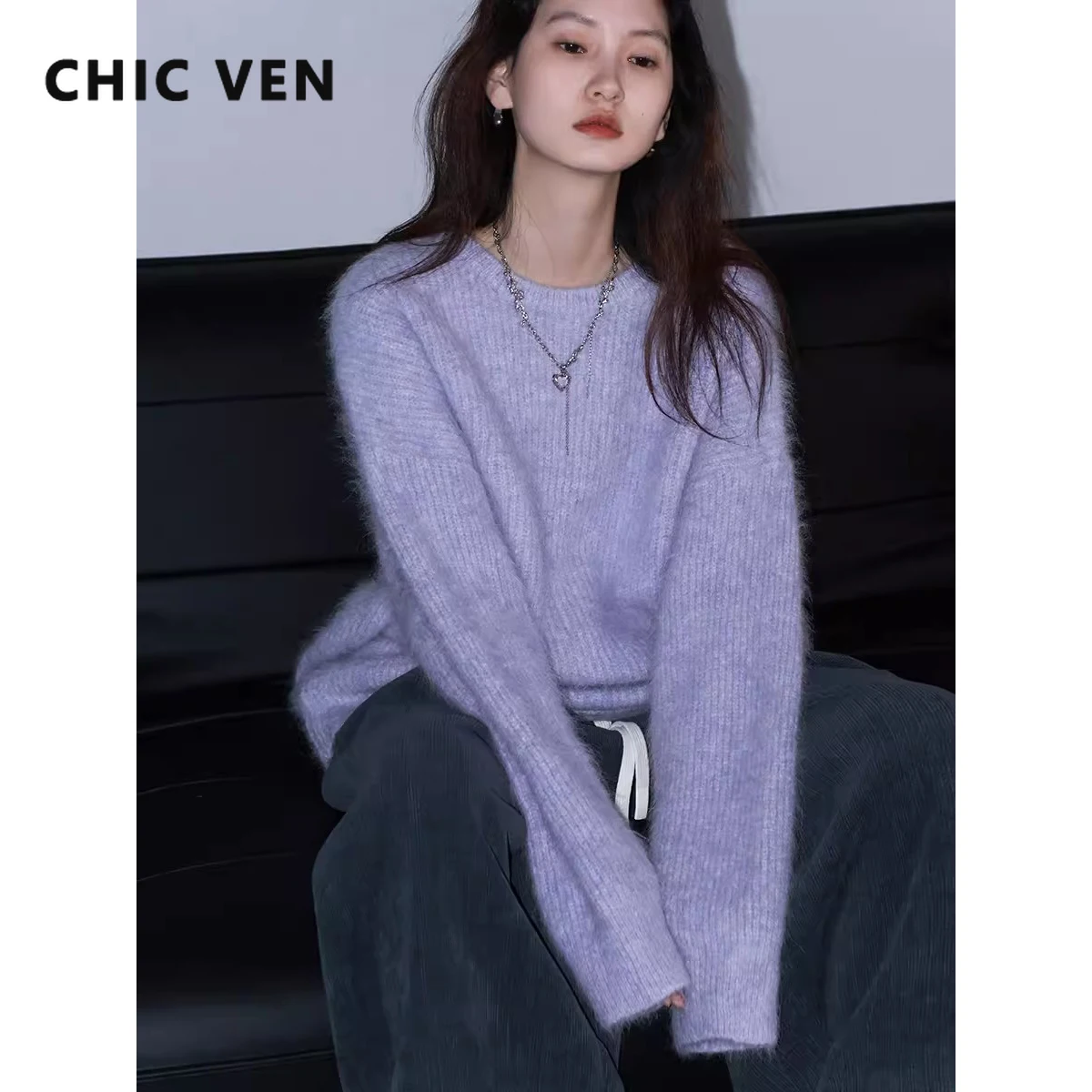 CHIC VEN 여성용 풀오버 스웨터, 솔리드 루즈 O넥, 부드러운 알파카 상의, 니트웨어 점퍼, 용수철 가을, 2024 패션, 신상 