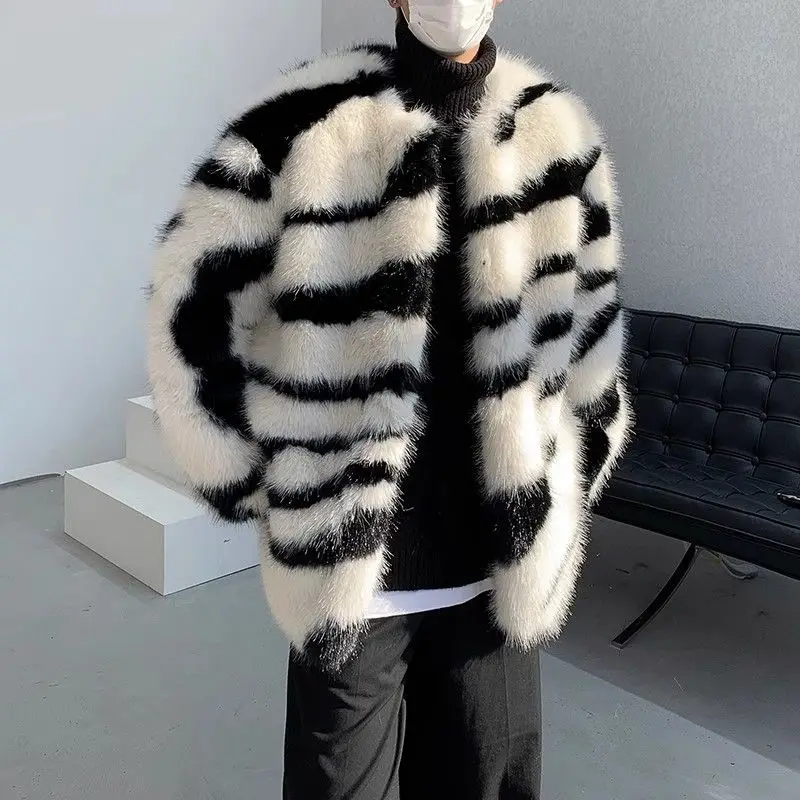 

2024 Winter Men's Outerwear with Zebra Patterned Faux Fur Cotton Jacket Premium Feel Thickened Plush Warm A213