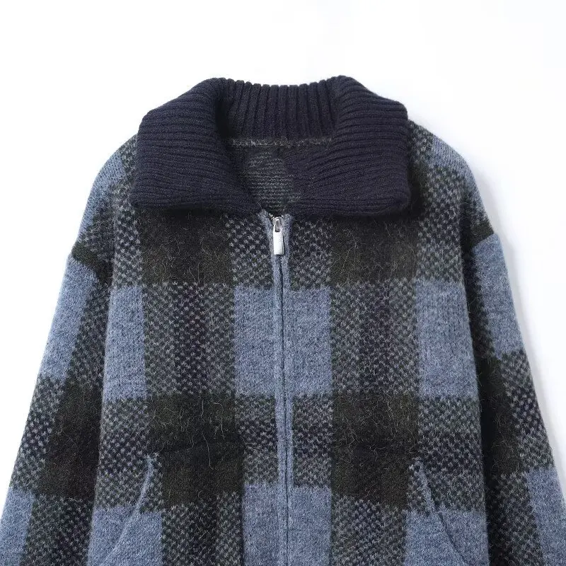Women's Vintage Plaid Knitted Cardigan Female Loose Long-Sleeved Zipper Sweater Jacket  Autumn Winter Lady Street Knitwear Tops