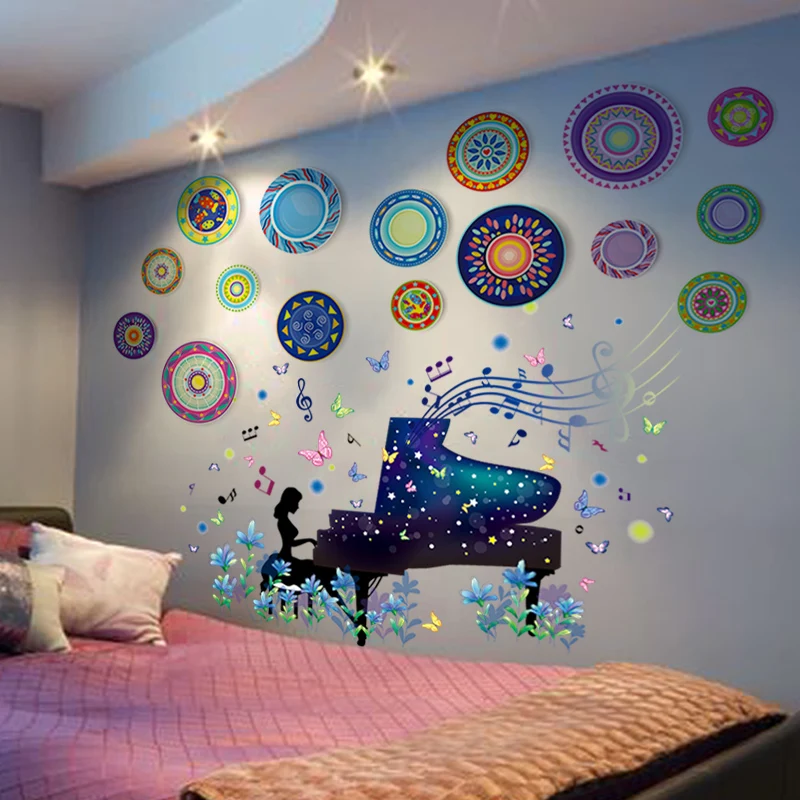 

[shijuekongjian] Traditional Chinese Plates Wall Stickers DIY Girl Piano Mural Decals for Kids Bedroom Living Room Decoration