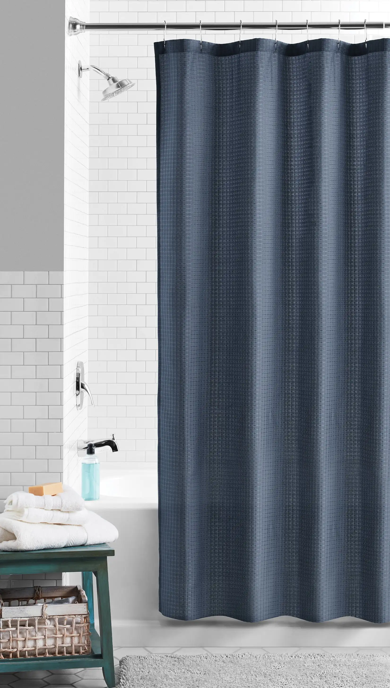 (3 pack) Eco-Friendly Waffle-Weave Fabric Shower Curtain, Recycled Polyester, 72&rdquo; x 72&rdquo;, Navy Blue