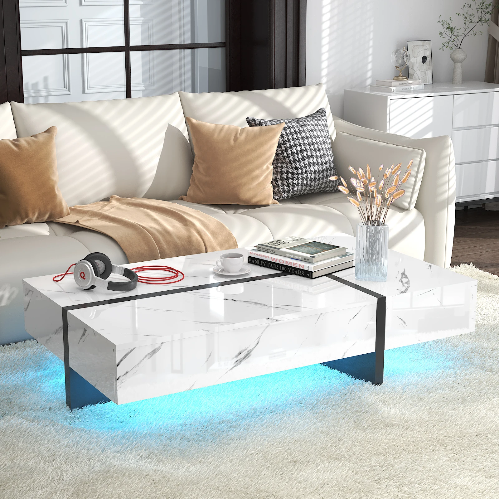 47" Rectangular Coffee Table with LED Light, Modern High Gloss Coffee Tables with Storage Drawers, White Marble/Pure White