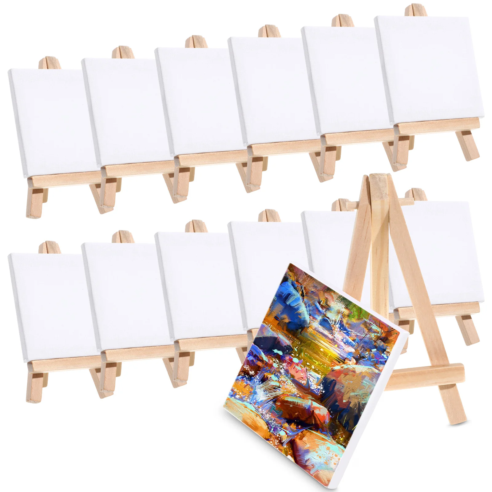 

12 Sets Mini Easels with Canvas Boards Small Easel Stands with Canvas Panels for Kids Students Adults Painting Canvases