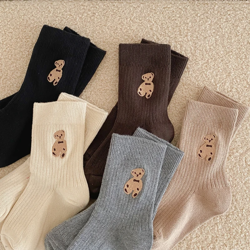 1 Pairs Cotton Kids Socks Korean Retro Style Bear Embroidery Girls Boy Toddler Knitted Socks Warmth Tube Socks For 1-9 Year - Image 2
