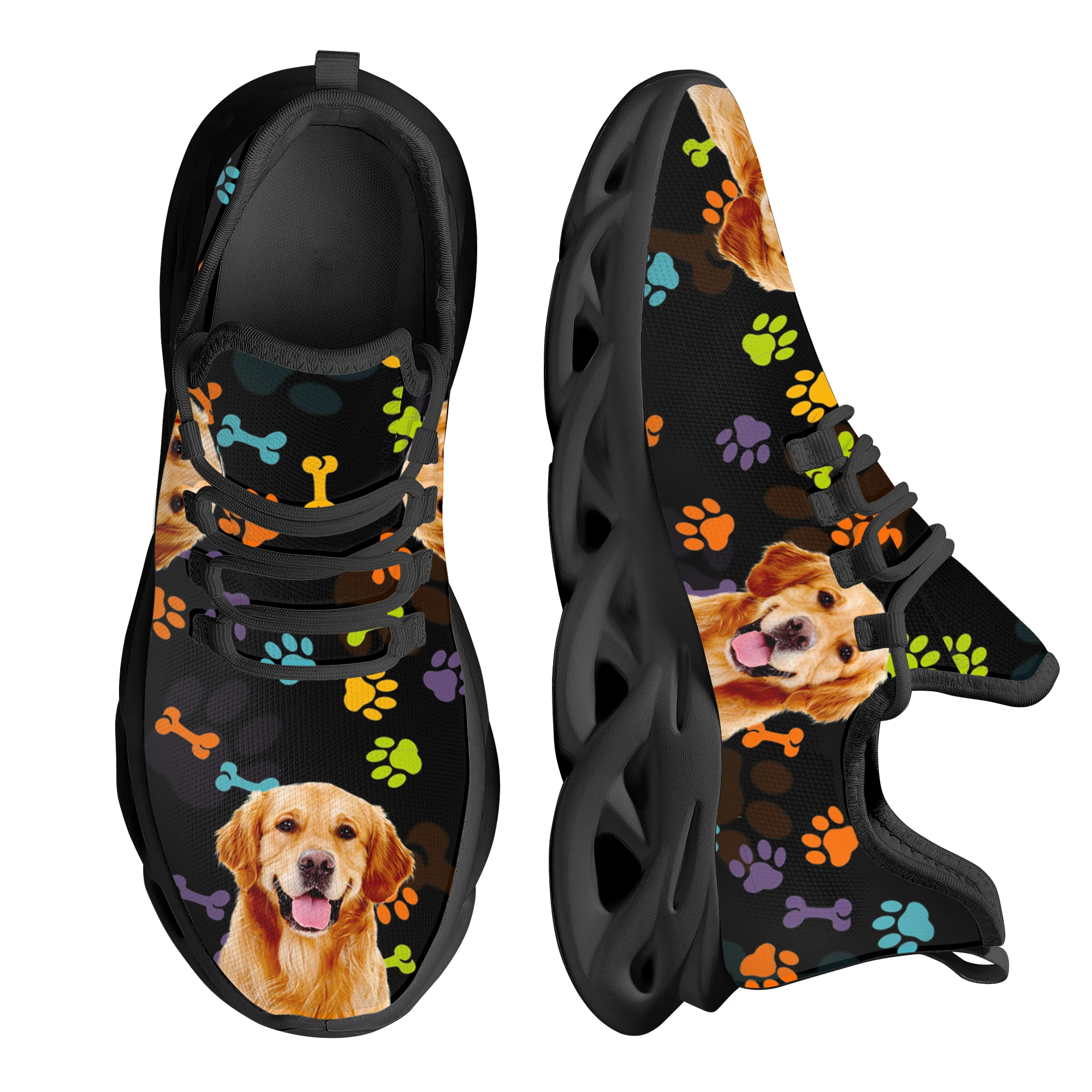 INSTANTARTS Rainbow Dog Paw Print Platform Lightweight Lace-up Shoes Lovely Golden Retriever Pattern Breathable Mesh Sneakers