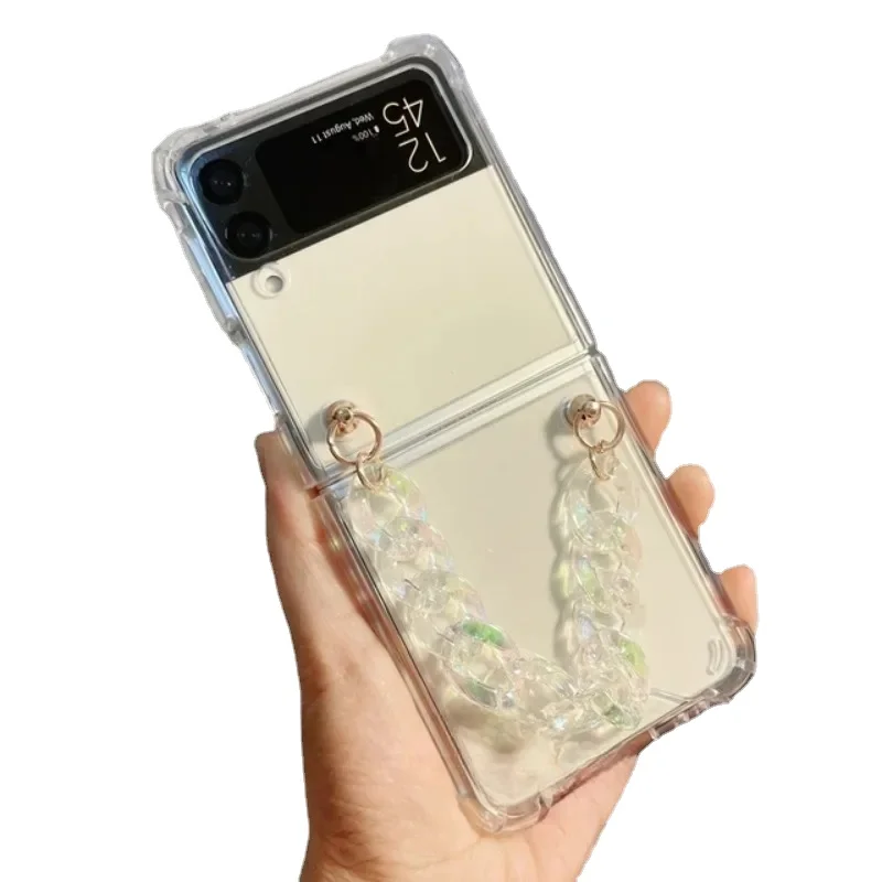 Luxury Bling Crystal Pearl Butterfly Heart Star Bracciale Chain Case Capa Per Samsung Galaxyz Flip1 2 Z Flip5 4 3 5G Cover Per Telefono