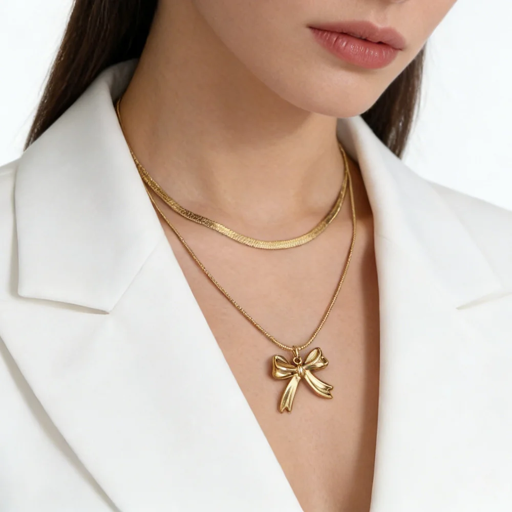 Edelstahl Doppelschicht Halskette Goldene Schleife Anhänger Europäische und Amerikanische Mode Damen Klobiger Schmuck Geschenk Großhandel