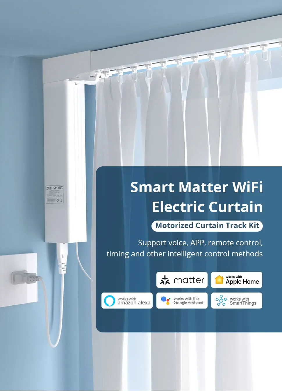 Matter WiFi Smart Electric Curtain Motor with Sliding Track Allow HomeKit SmartT