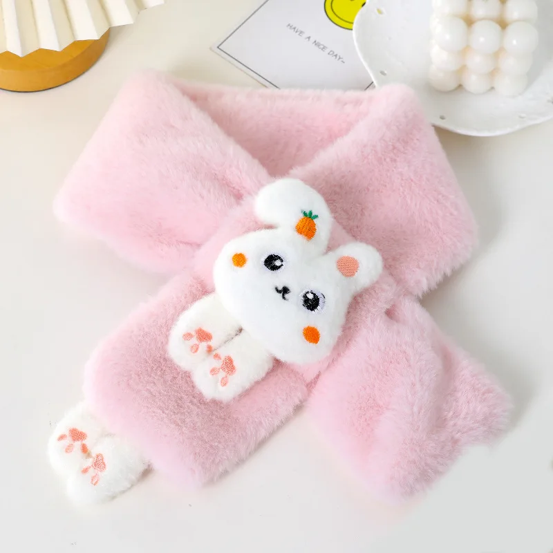 Baby Scarf Boys Girls Winter Thick Plush Cross Cartoon Rabbit Faux Fur Neck Protection Warm Shawl