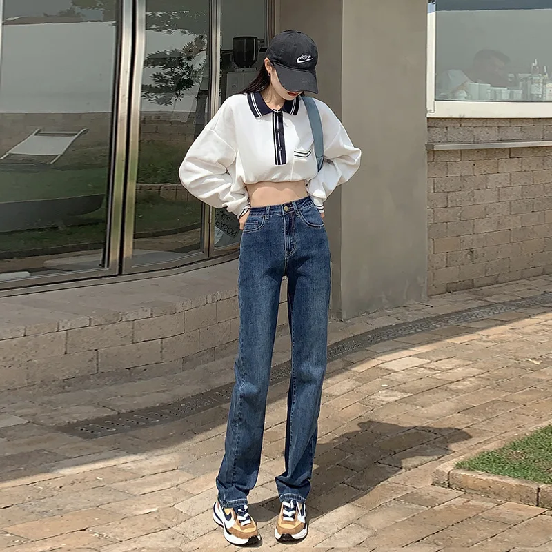 

Autumn Winter Women's High Waist Elastic Slim Straight Leg Pants Vintage Jeans Fashion Y2K Retro Basic Denim Casual Loose Pants