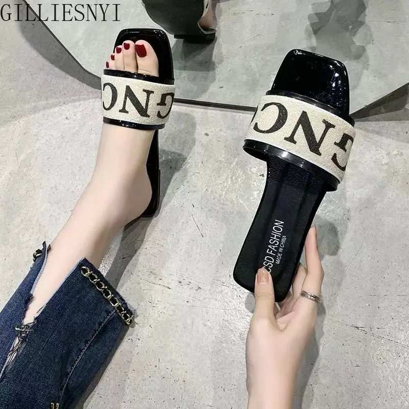 Summer Fashion Women Slides Black White Design Brand Woman Flat Heels Open Toes Slippers House Flip Flop Causal Shoes 2023 New
