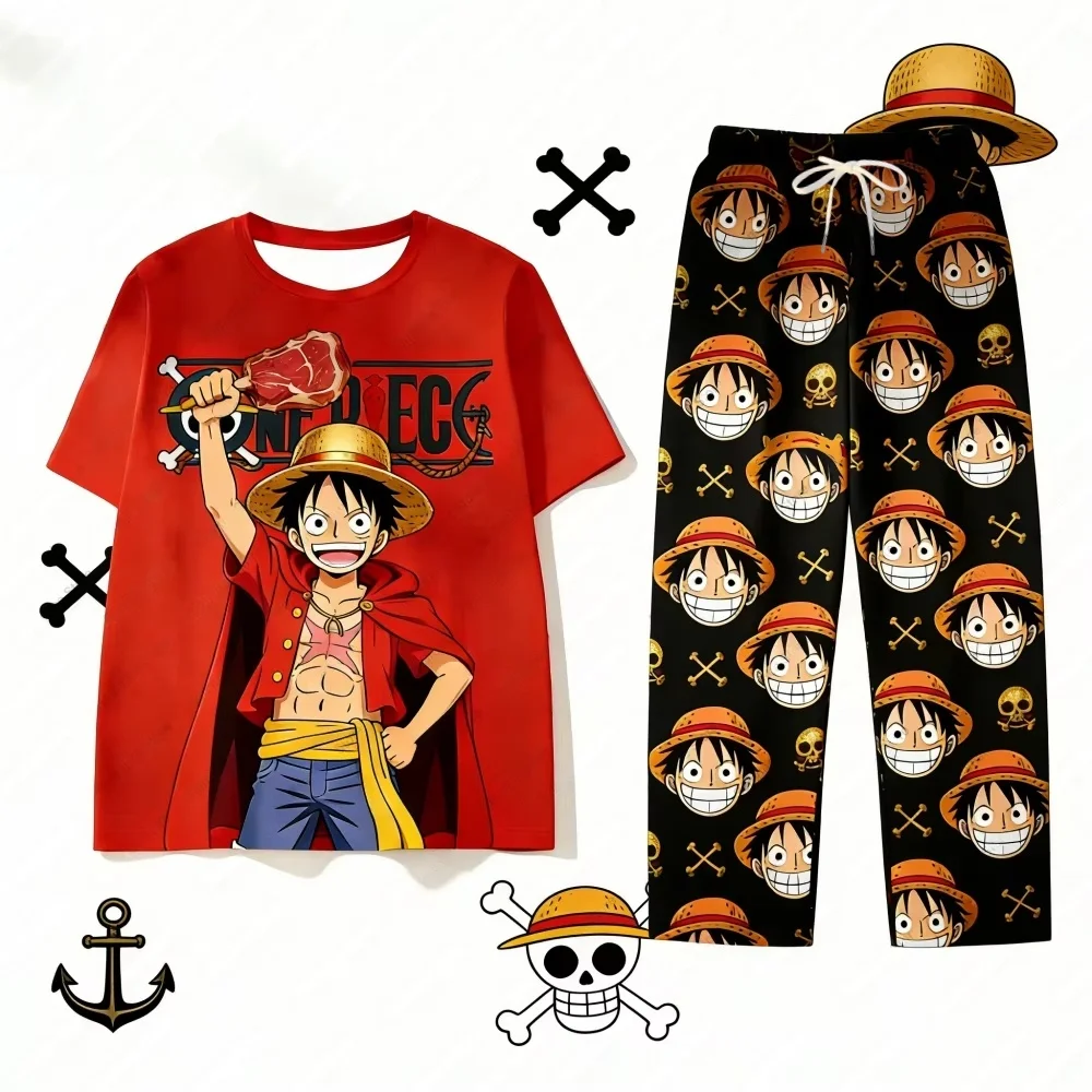2026 One Piece Piratenkönig Luffy Anzug Pyjama-Hose für Herren-Shirts Damen Y2k T-Shirts und Hosen Set Kinder T-Shirt Set