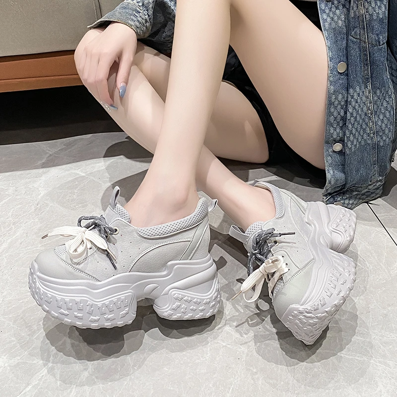 New Chunky Platform Sneakers Women Autumn Hidden Heels Breathable Leather Sports Shoes Woman Thick Bottom Vulcanize Shoes