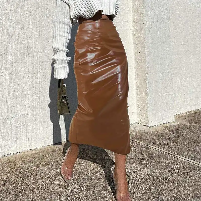 Women PU Leather High Waist Midi Skirts Fashion Long