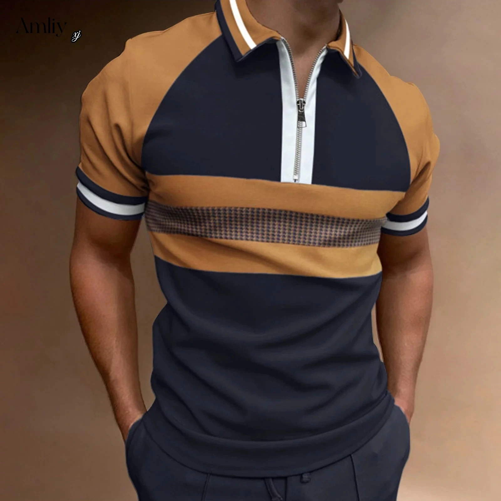 

2024 Vintage Summer New Fashion Trend Fitness Casual Simple Polo Shirts Men Zipper Color Block Sports Patchwork Top Man Clothing