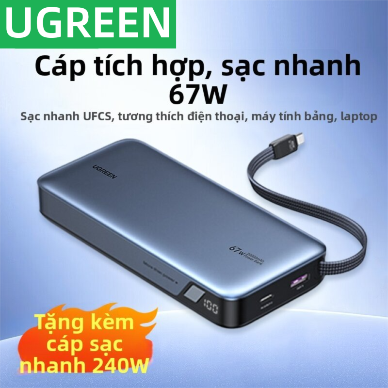 UGREEN | Greenlink 67W Sạc dự phòng dung lượng lớn 20.000 mAh, sạc nhanh, tích hợp dây cáp, nguồn điện di động phù hợp với điện thoại Xiaomi, Huawei, Honor, OPPO, Apple, Vivo, sạc nhanh UFCS