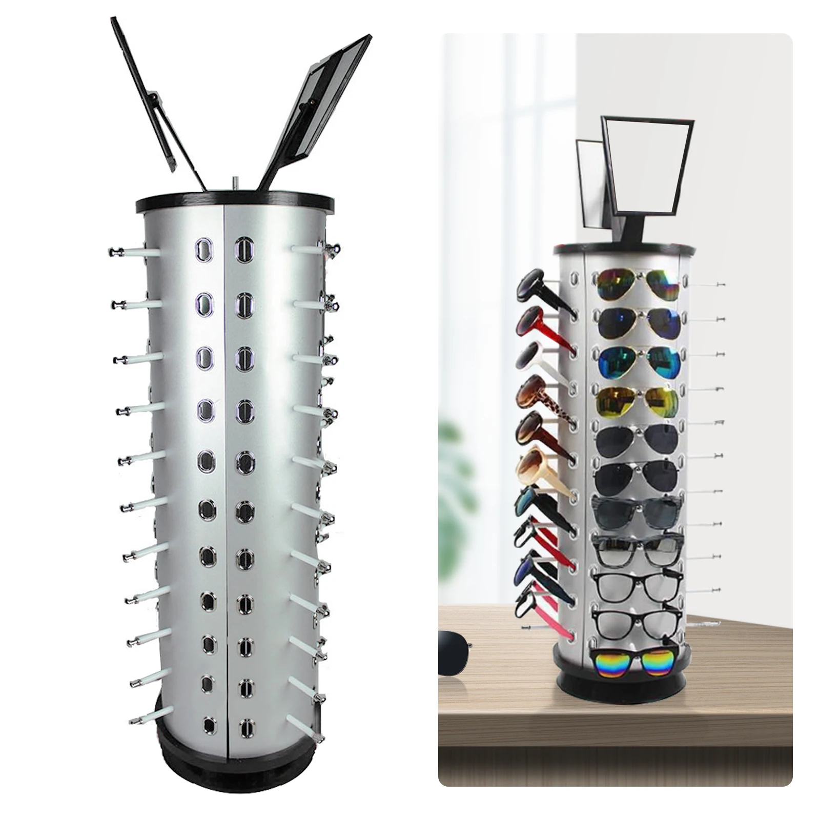 360 Rotating Sunglasses Display Stand 44 Pairs of Glasses Storage Display Stand Freestanding with Mirror