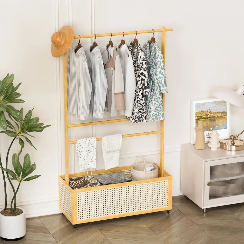Bamboo Garment Rack, Entryway Coat Rack with Rattan Bin & Hanging Rod, 360 Degree Casters Wardrobe Closet Clothing Rack
