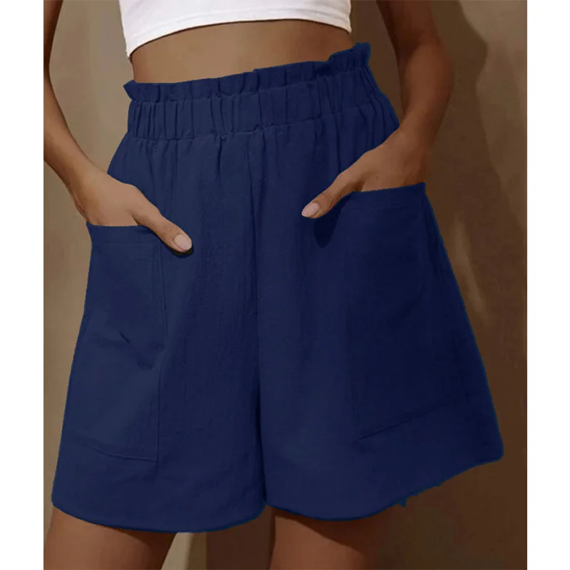 Fashion Loose Cotton Linen Wide Leg Pants Womens Flower Bud Elastic High Waist Spliced Double Pockets Solid Color Casual Shorts