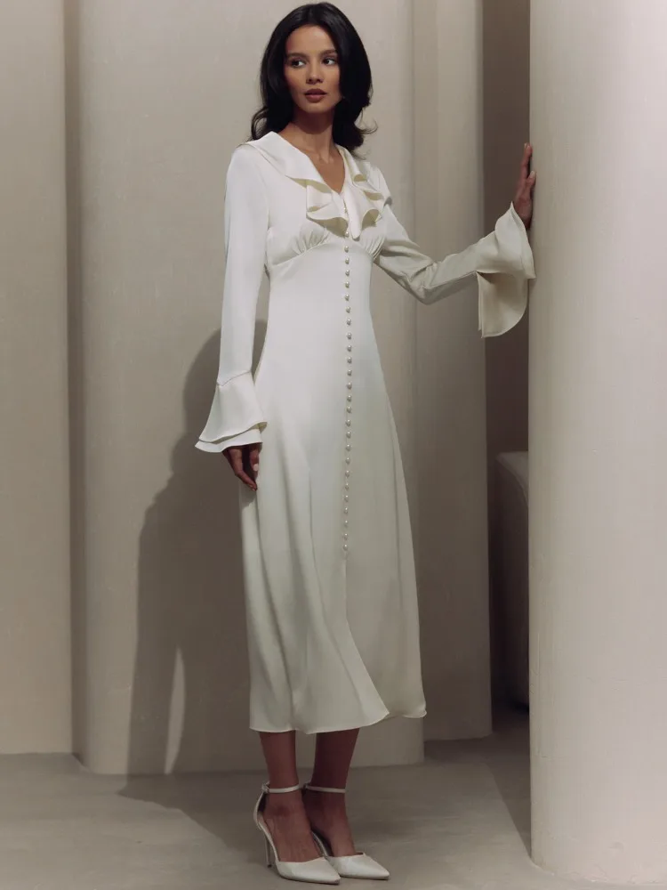 Ruffle V Neck Elegant Dress For Women Slim Long Sleeve High Waist Temperament Dresses Femme Party Slit Long Dress Woman