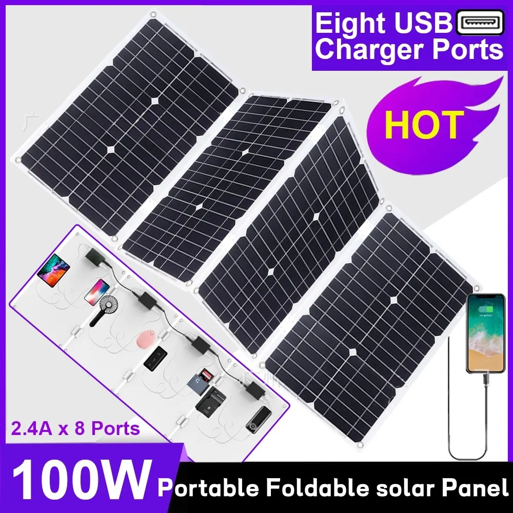 

JUXING 100W 12V Single Crystal Solar Panel With 8 USB ports, Suitable For Outdoor, Travel, RV, And Fast Battery Charging