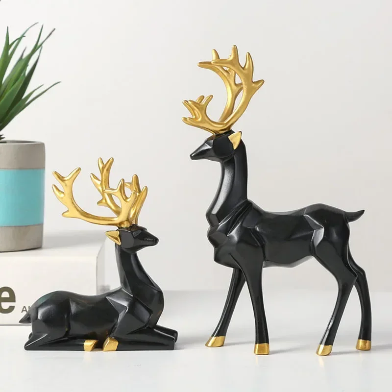 

Resin Golden Mini Couple Deer Figurine for Interior Geometry Art Model Statue Home Living Room Desktop Entrance Decor