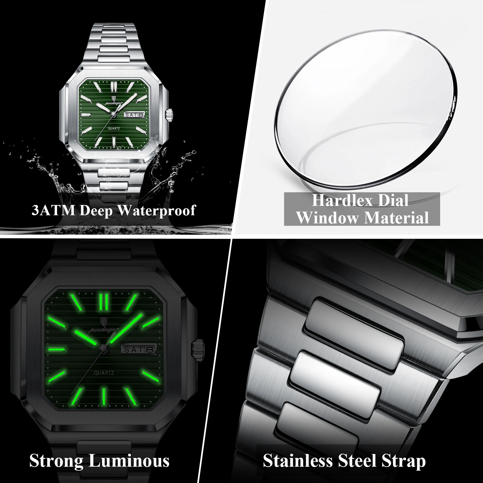 Original Square Man Watch Waterproof Luminous Date Week Fashion Men Clock Stainless Steel Business Men's Quartz Watches_voghion.com