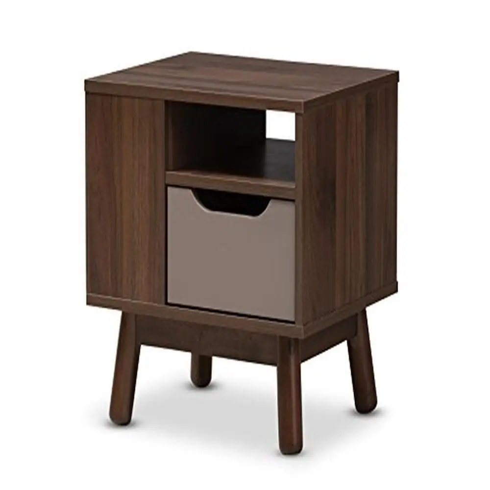 

Mid-Century Modern Walnut Grey Two-Tone Wood Nightstand Open Shelves Drawer Solid Legs 18.5"W x 17.68"H Rectangular Shape