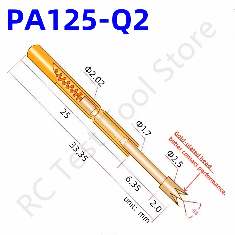 

100PCS PA125-Q2 Spring Test Probe PA125-Q Test Pin P125-Q P125-Q2 Test Tool 33.35mm 2.02mm Needle Gold Tip Dia 2.50mm Pogo Pin