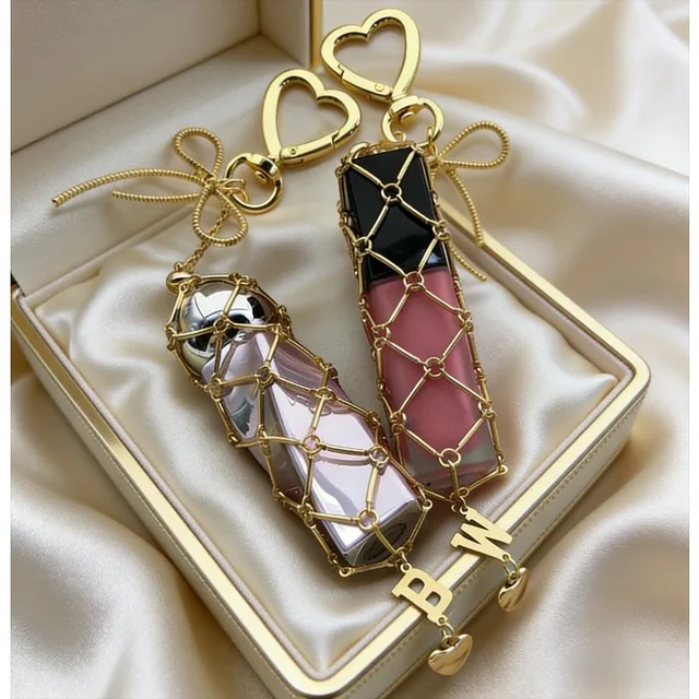 Custom Name 26 Alphabet Heart Key Chain Ins Style Gold Stainless Steel Metal Net Pocket Lipstick Bag Keychain Bag Accessories