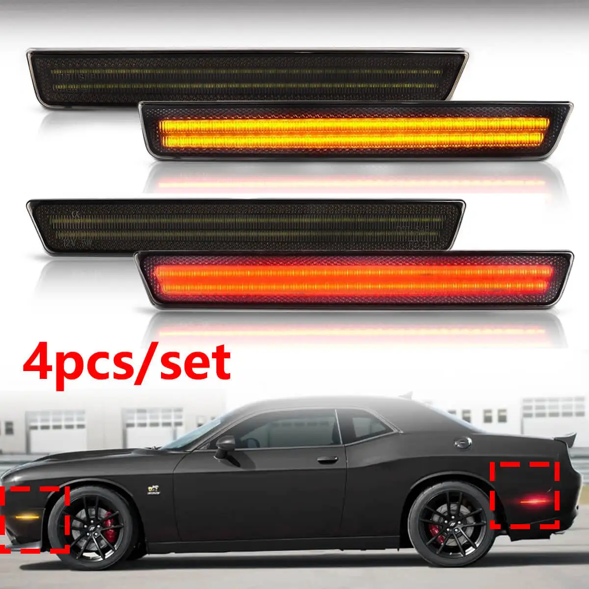

Car LED Side Marker Lights For Dodge Challenger 2015-2023 4Pcs Front Amber Rear Red Turn Signal Lamp Smoked Lens Running Light