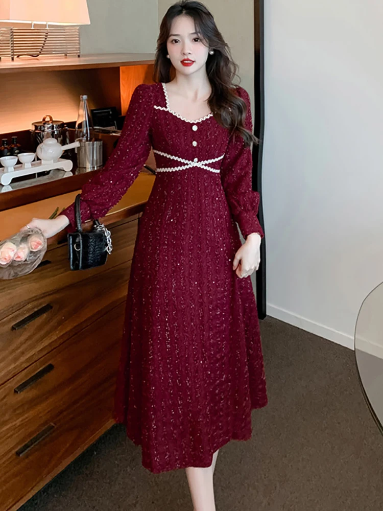 

2023 Red Sexy Women Chic Prom Midi Dress Black Vintage Luxury Party Night Dress Autumn Winter Elegant Bodycon Casaul Maxi Dress