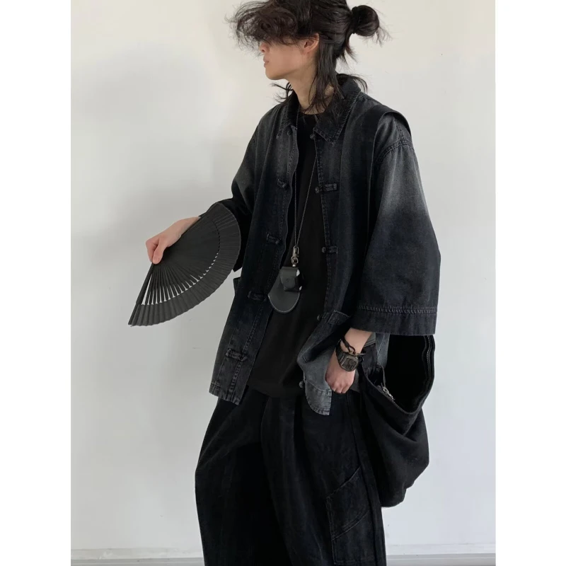 Ancient Style Denim Shirt Mens Halo Dyed Washed Single Breasted Short Sleeved Jacket Lapel Collar Tops