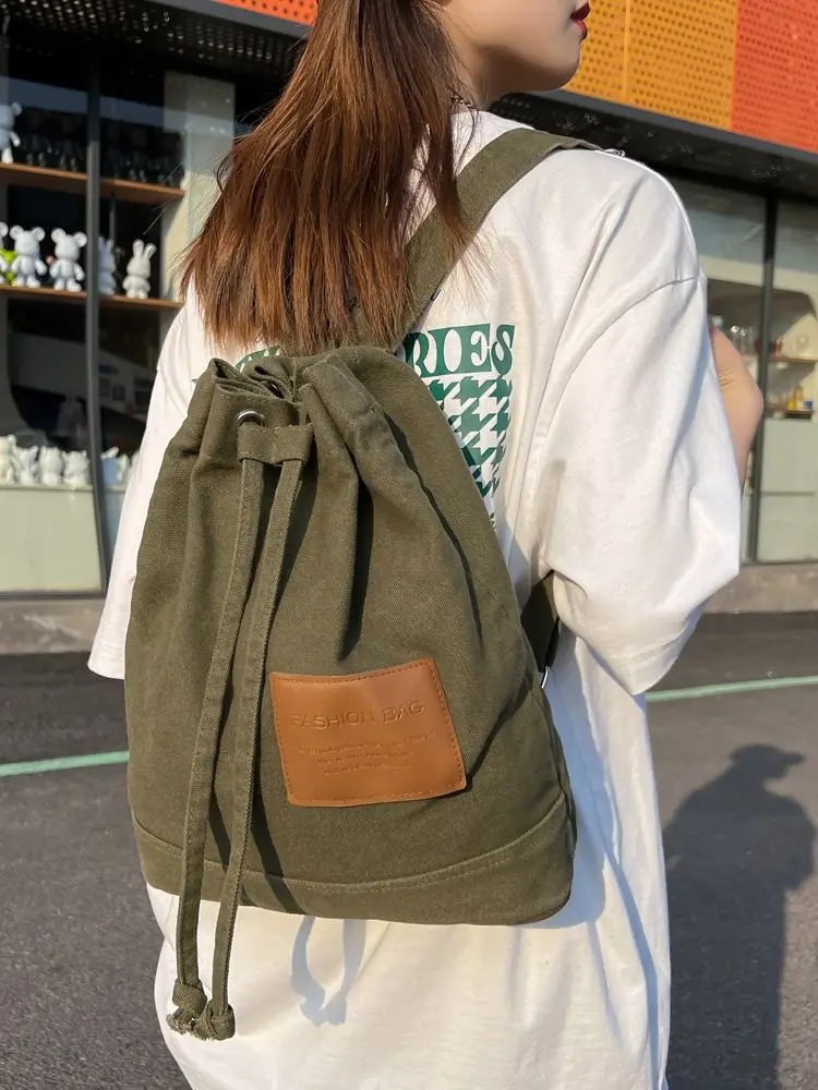 Fashionable Japanese Literary And Artistic Canvas Women's Bag Casual Simple And Versatile Large Capacity Bucket Shaped Backpack