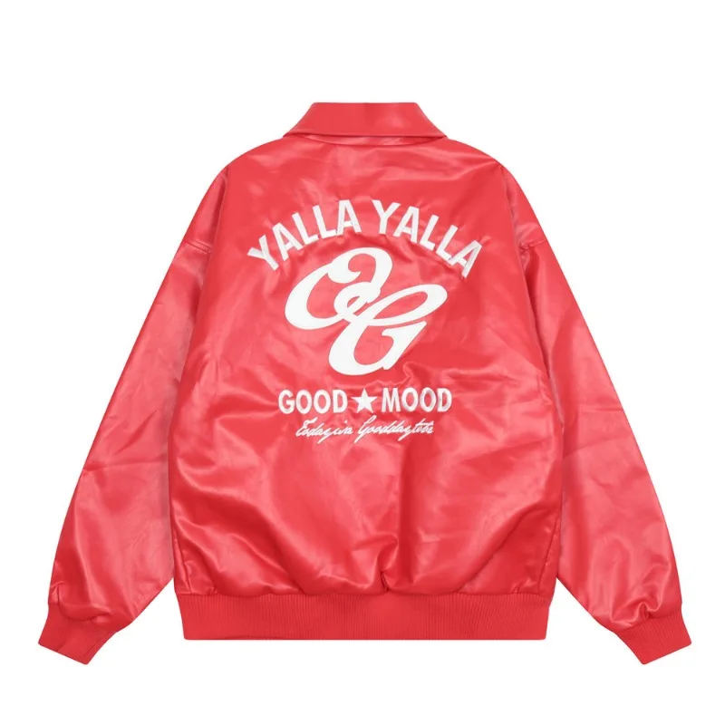 

Embroidered Letter Printed PU Leather Men's Jacket with Lapel Zipper Motorcycle Suit Couple Street Hip-hop Fashion Harajuku Coat