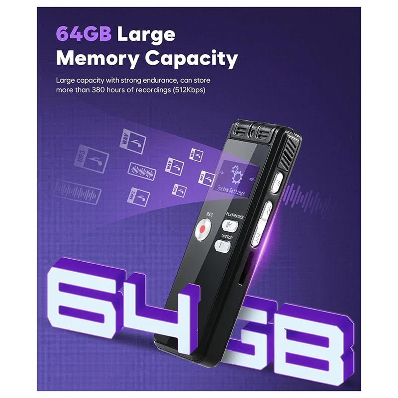 New-64GB Digital Voice Activated Recorder With Playback-3072Kpbs HD Dual MIC Tape Recorder For Interviews/Meeting/Classes