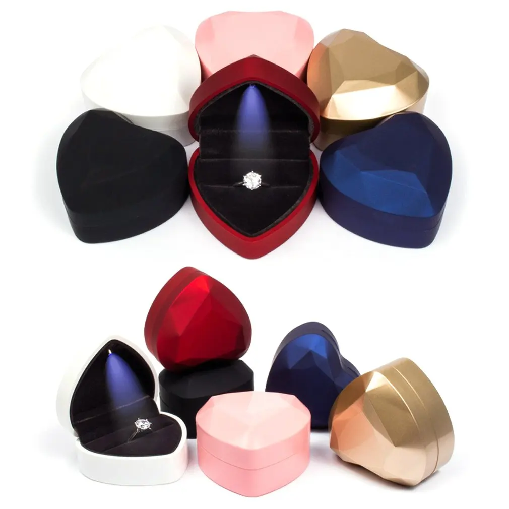 LED Ring Box Heart Shaped Jewelry Box Plush Holder Jewelry Chest Organizer Earrings Coin Jewelry Presentation Box Case