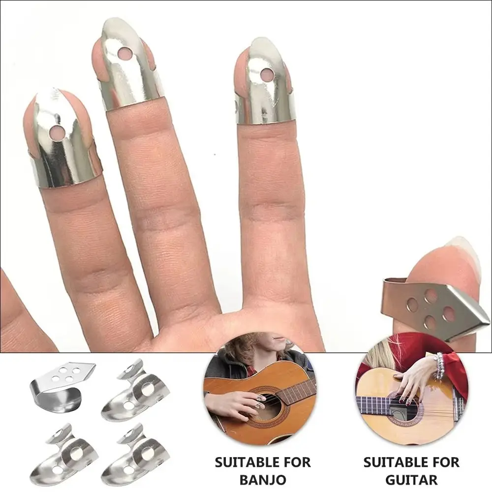 4PCS/Set Simple Metal Guitar Pick 1 Thumb + 3 Finger Gold/Sliver Guitar Finger Paddle Adjustable Plectrum