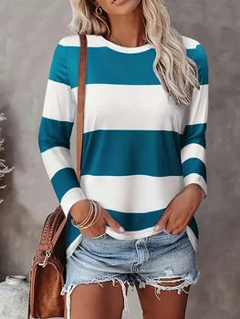 T-shirt stampata a righe 3D da donna Moda manica lunga girocollo Top regolari Vacanza fine settimana Primavera e autunno 1