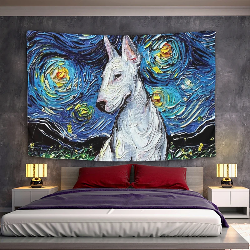 

Wall Tapestry Van Gogh Bull Terrier Bed Room Decoration Accessories Home Decor Art Mural Tapestries Aesthetic Decors Kawaii Boho