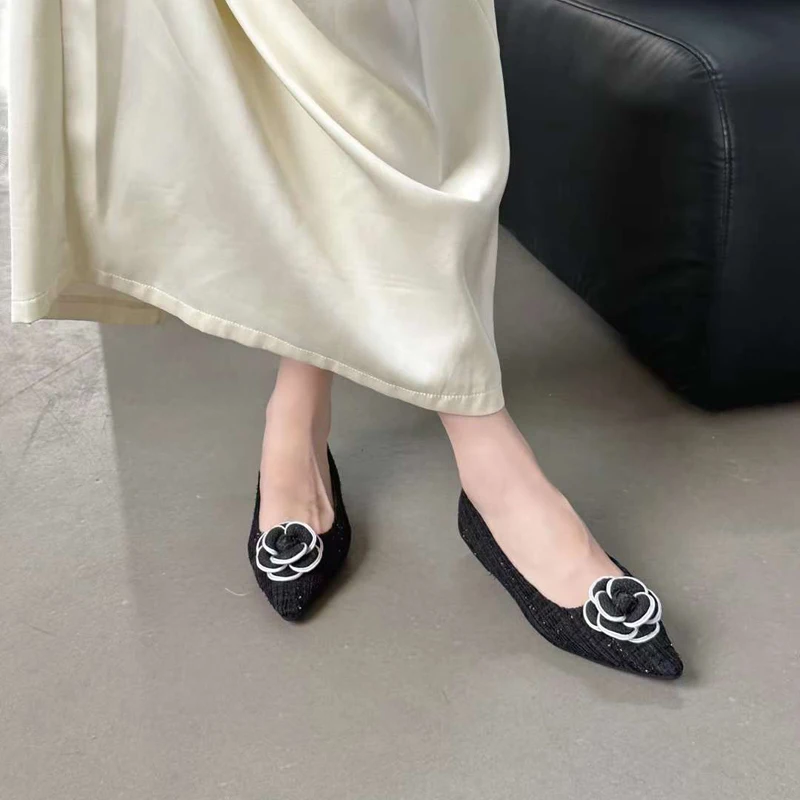 Ladies Flat Shoes Pink Pointed Toe Mary Jane Shoes Comfort Low Heeled Pumps 3D Flowers Black Flats High Heels Chusseure Femme