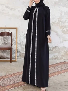 فستان نسائي أنيق غير رسمي بأسلوب شرق أوسطي لرمضان مع تفاصيل من الترتر، أسود بأكمام طويلة، رداء وتنورة طويلة 1