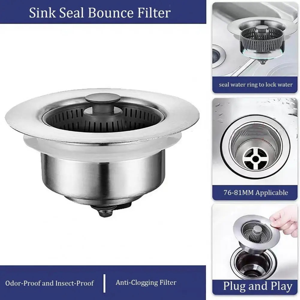 

Removable Drain Plug 3-in-1 Stainless Steel Sink Strainer Easy Installation Anti-odor Drain Stopper for Home Kitchen Efficient