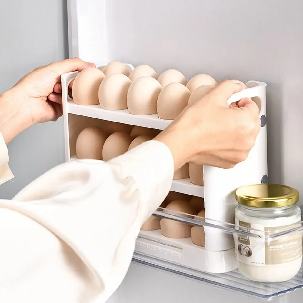 Egg Carton 1Pc Plastic Egg Storage Shelf Flippable 3 Layer 30 Count Egg Holder For Refrigerator Side Door Large Capacity with Handle