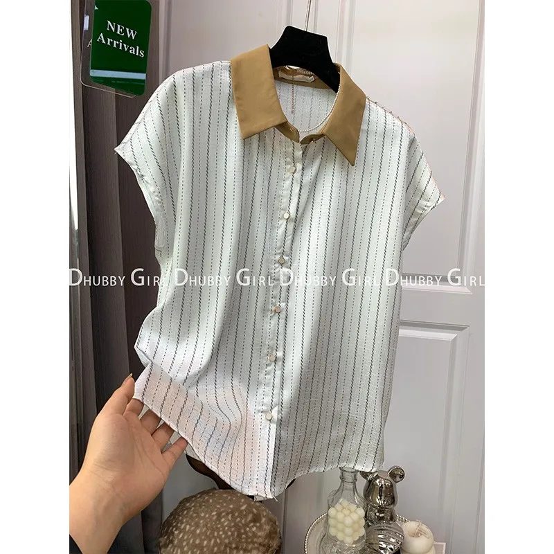 

Stripe Women's Blouse Female Lapel Short Sleeve Casual Blusas Summer Holiday Loose Tops Fashion Shirt