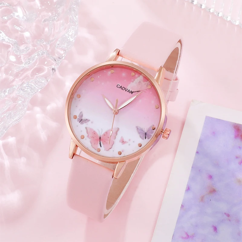Montre Femme Papillon Bleu - Cadran Papillon, Bracelet Cuir Rose, Acier Doré Rose - Neuf