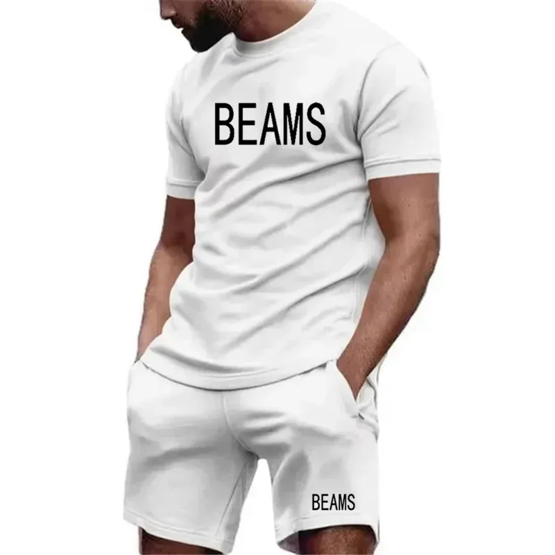 패션 브랜드 BEAMS 남자 티셔츠 + 반바지 2 조각 세트 Tracksuit 남성 캐주얼 여름 짧은 소매 면화 통기성 남성 의류