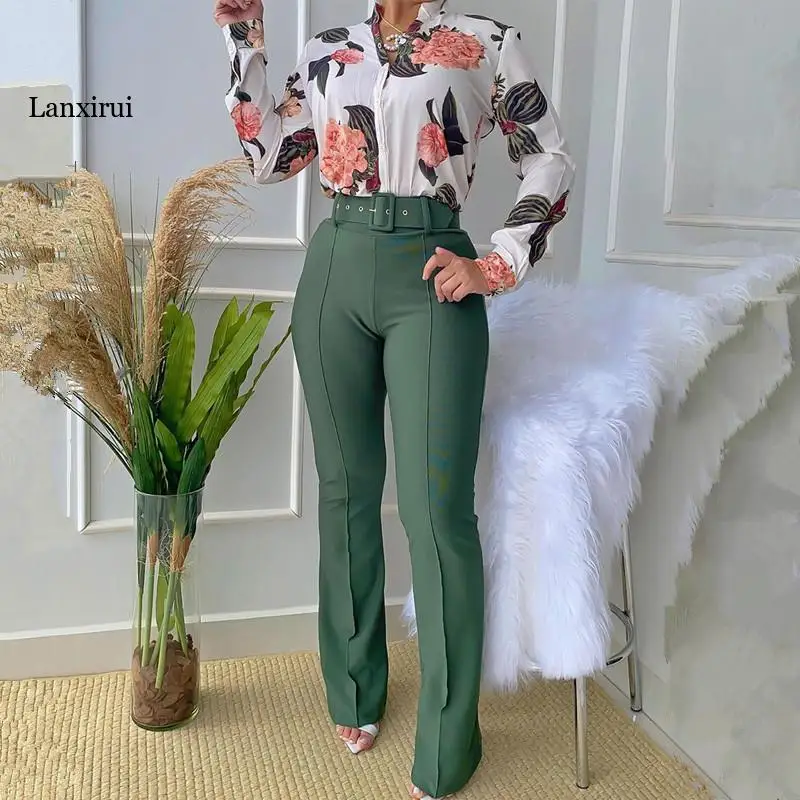 

Women Chic Fitness Two Piece Set Spring Autumn Long Sleeve Leaf Print Buttoned Shirt & High Waist Pants Set